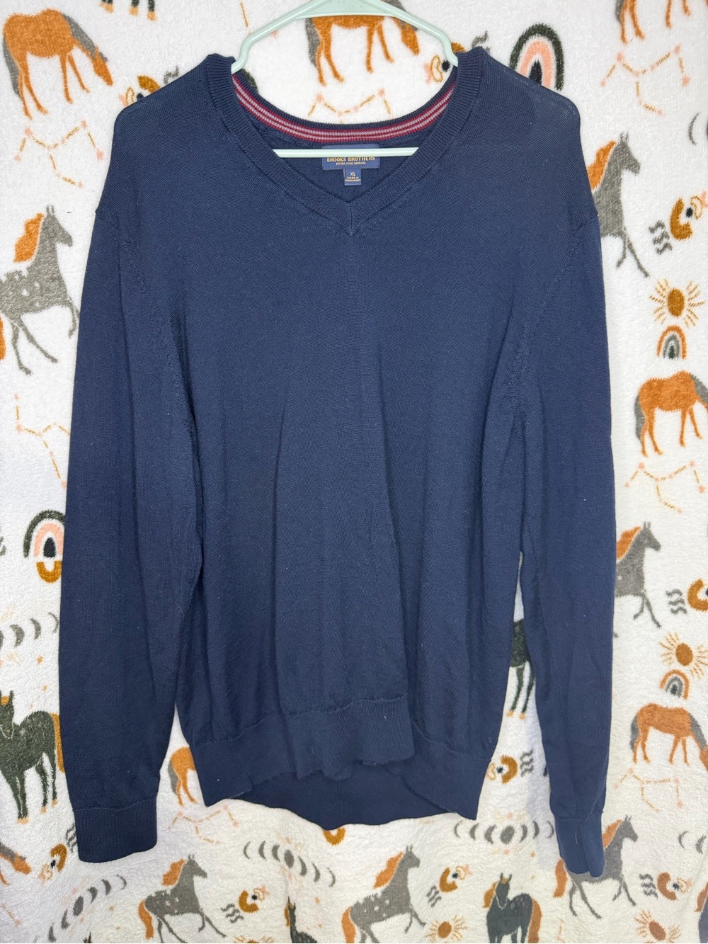 Brooks Brothers Navy V-Neck Sweater with Subtle Stripe Trim